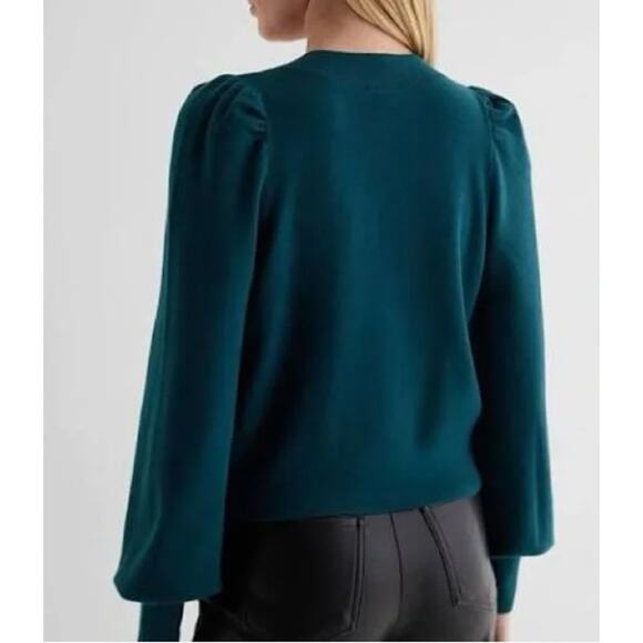 Express Rhinestone Bow Cardigan Sweater Dark Green Puff Sleeve Party‎ Holiday XL - Picture 2 of 8